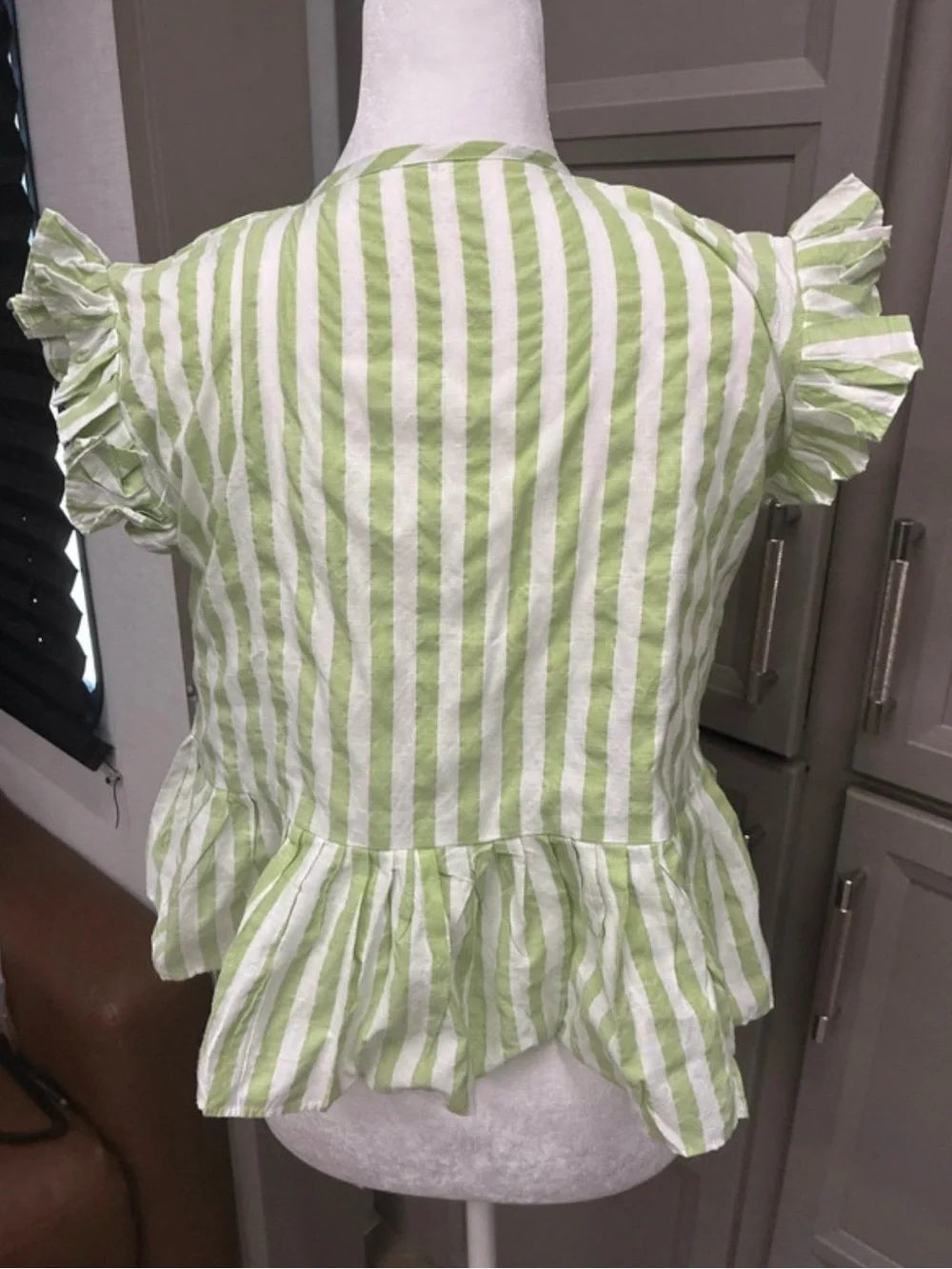 Girls Green & White Striped Ruffle Sleeve Top by